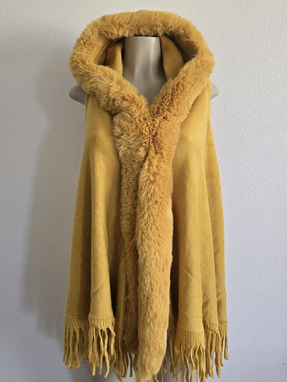 Mustard Faux Fur Hooded Poncho Coat